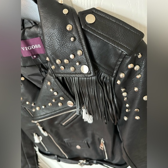 Vigoss Black Leather Jacket with Studs and Fringe - Picture 12 of 16